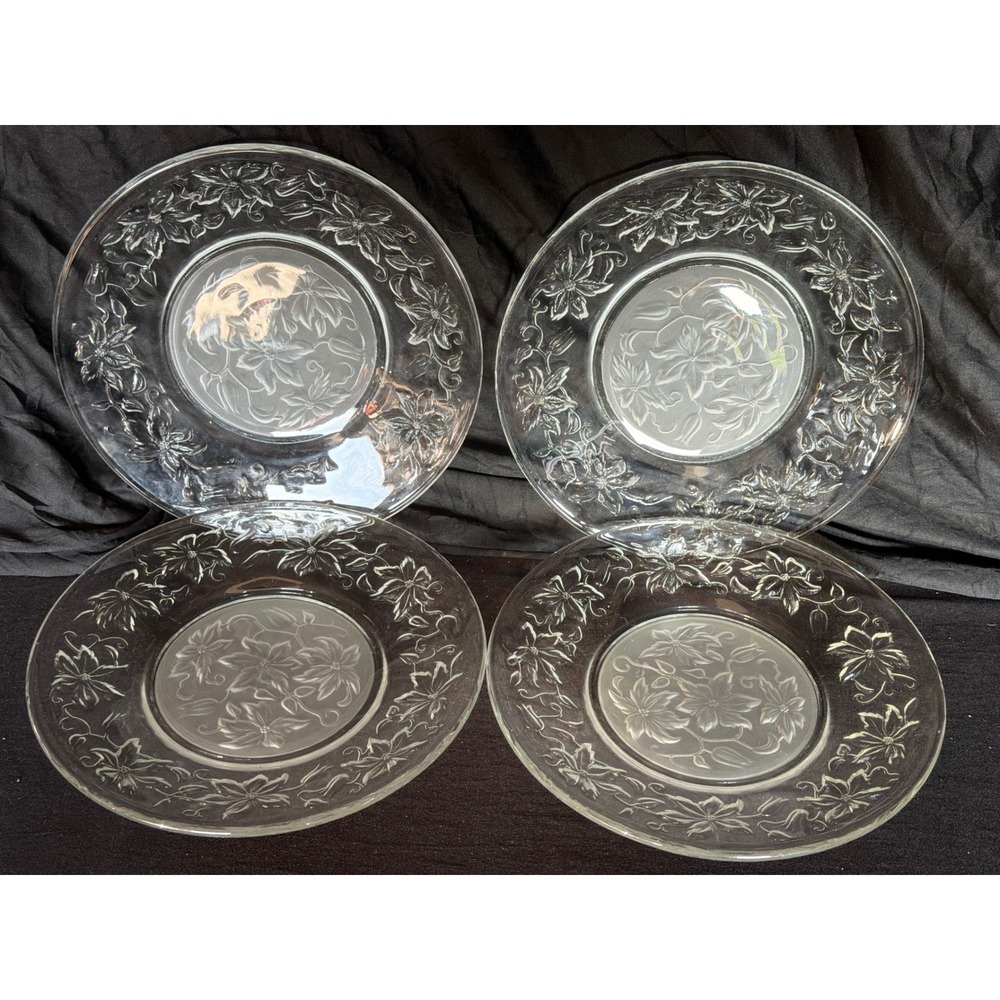 Princess House Fantasia Frosted Floral Clear Glass Salad Dessert Plates Set of 4